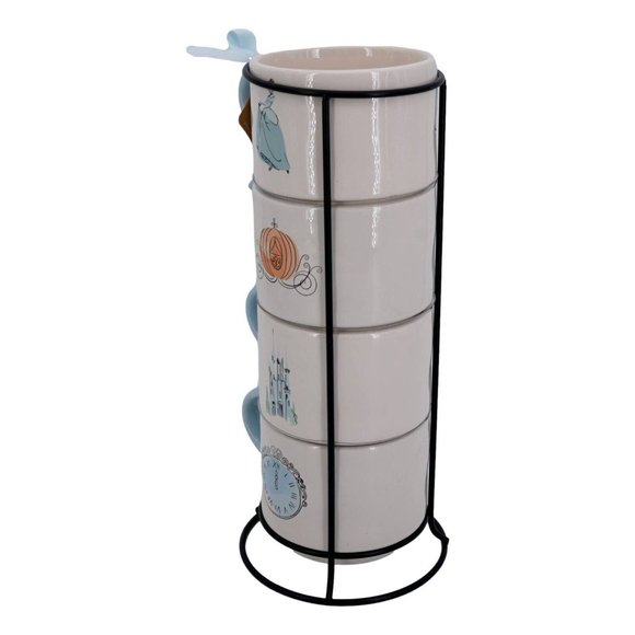 Rae Dunn Set of Four Stacking Coffee Mugs with Metal Rack (1 Broken Handle) - En - Picture 5 of 6